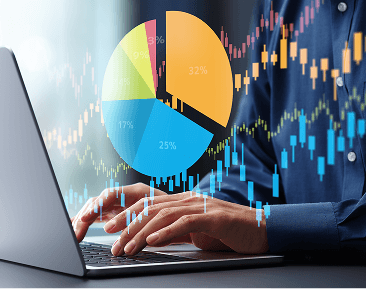 Business professional analyzing charts and a pie graph on a laptop